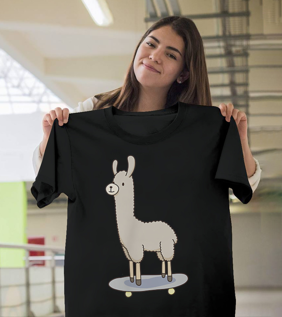 Skateboard Llama Riding Cartoon Animal Fun T-Shirt