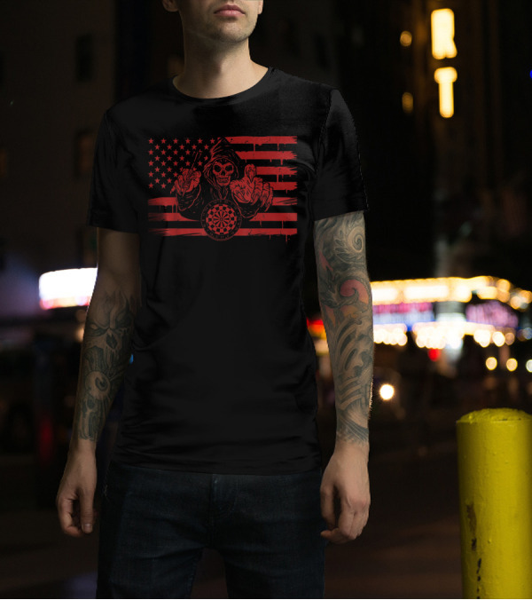 Skull Darting With Red Vintage US Flag For Dart Lovers T-Shirt