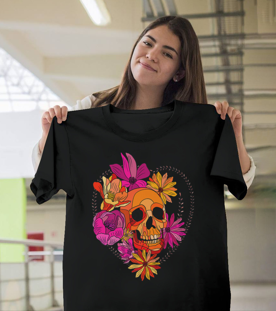Skull Sugar Floral Heart with Vibrant Flowers T-Shirt