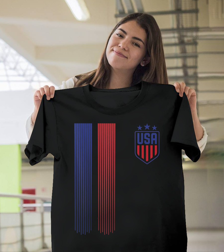 USA Soccer Womens Cool Design Stars and Stripes Iconic Shield T-Shirt