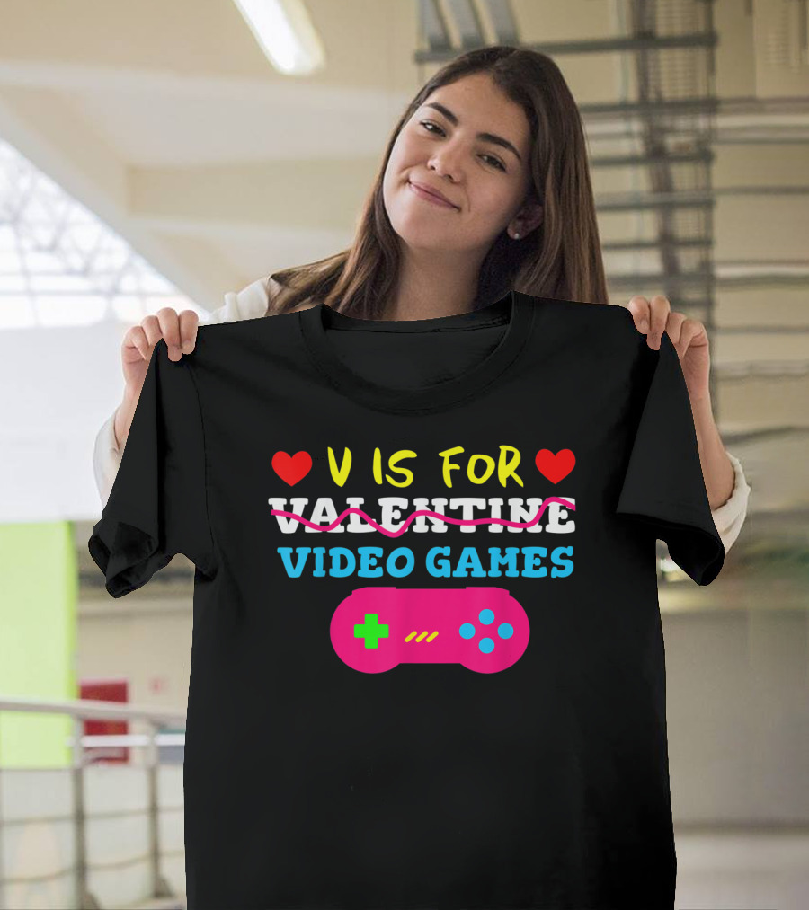 V Is For Video Games Valentine's Day Gamer Heart Controller T-Shirt