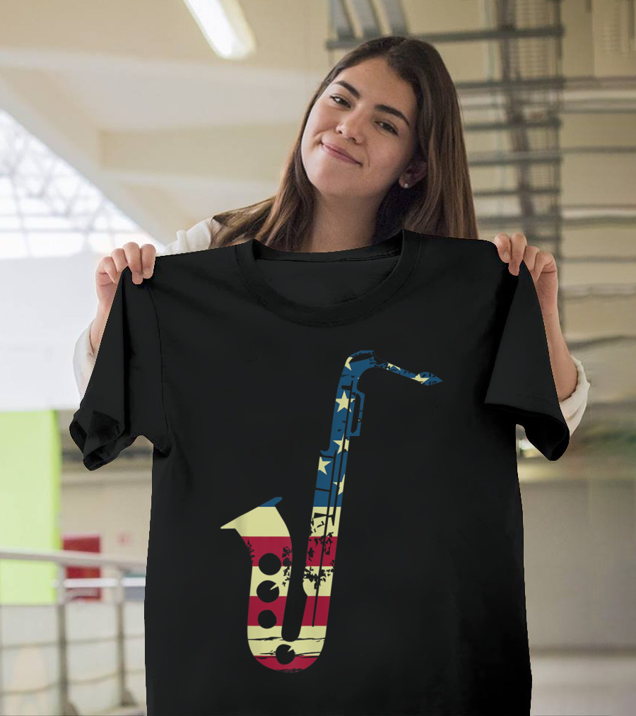Vintage American Flag Saxophone 4th July Jazz T-Shirt