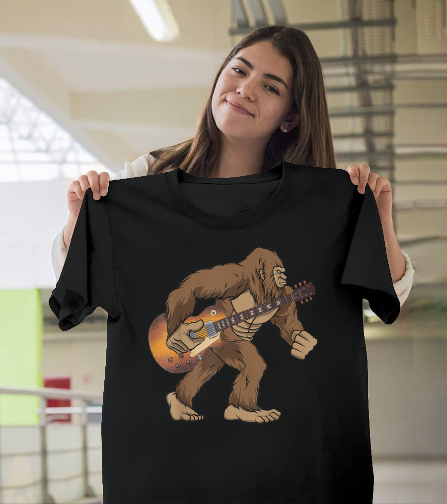 Bigfoot Sasquatch Walking with Electric Guitar T-Shirt