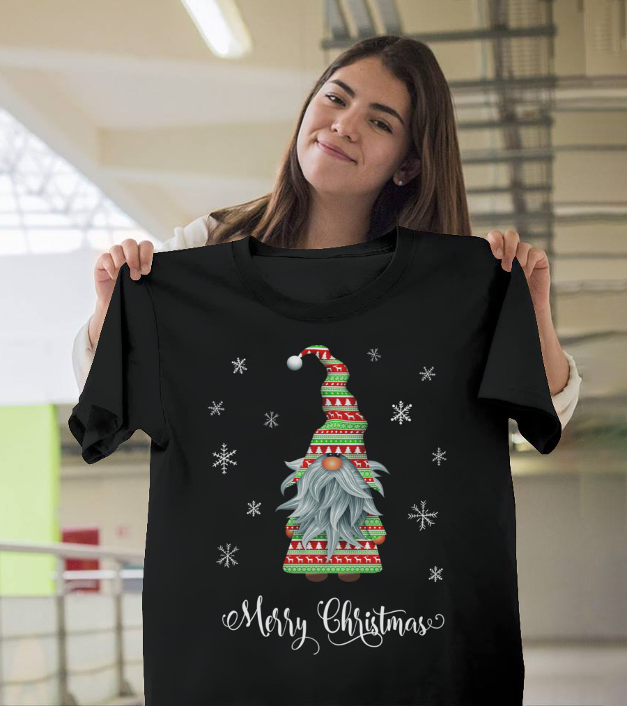Merry Christmas Cute Santa Claus Garden Gnome with Snowflakes T-Shirt