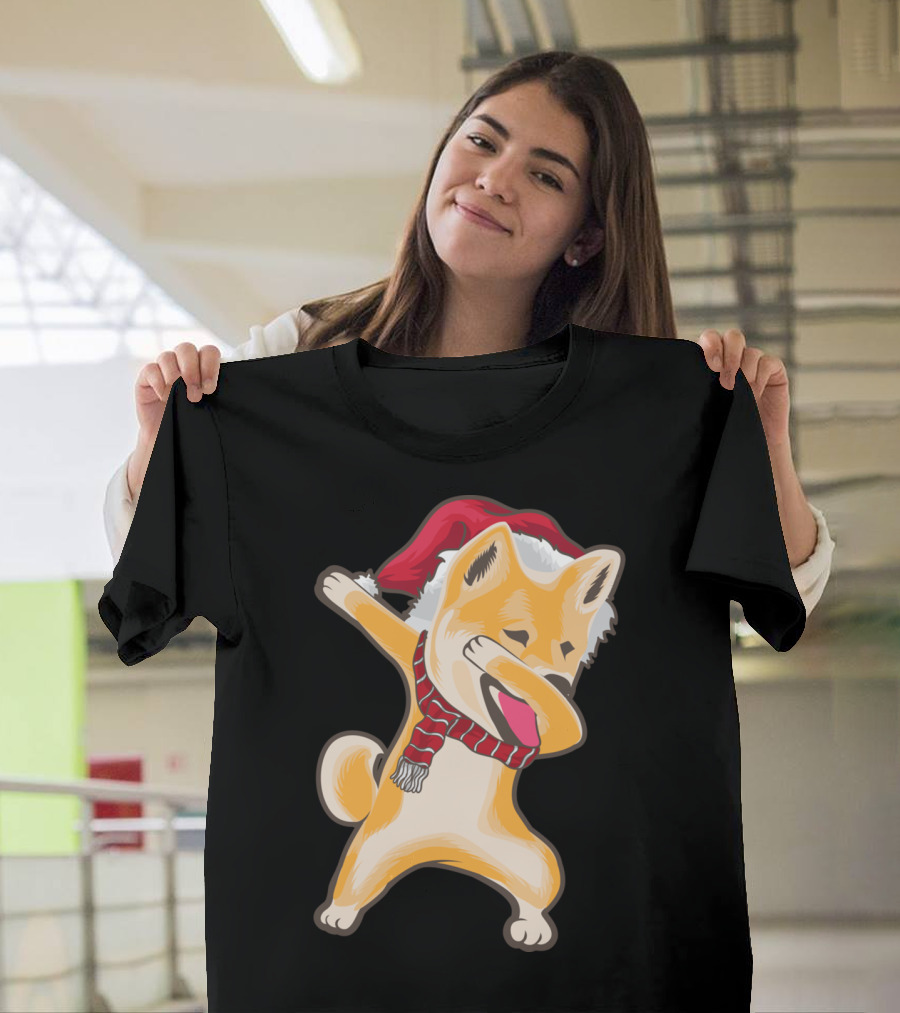 Dabbing Shiba Inu Christmas Santa Hat and Scarf Dab T-Shirt