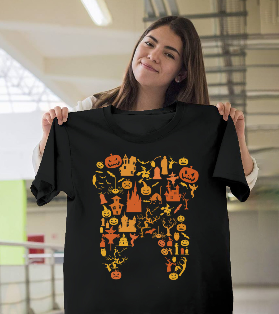 Funny Halloween Tooth with Pumpkins Ghosts Castles and Bats T-Shirt
