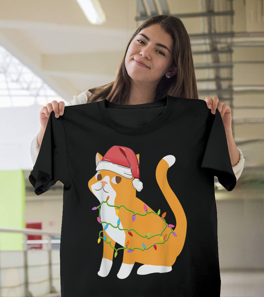 Cats Tree Christmas Xmas Pet Santa Hat Lights T-Shirt