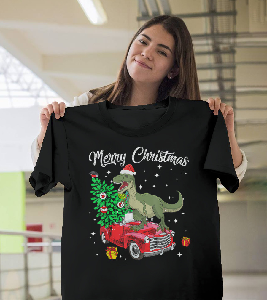 Merry Christmas Dinosaur T-Rex Tree on Red Truck with Presents T-Shirt