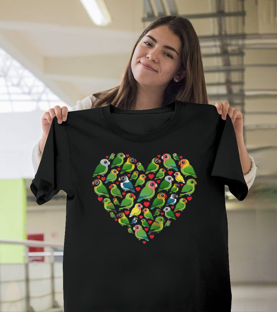 Heart of Lovebirds Cute Cartoon Parrots Bird T-Shirt