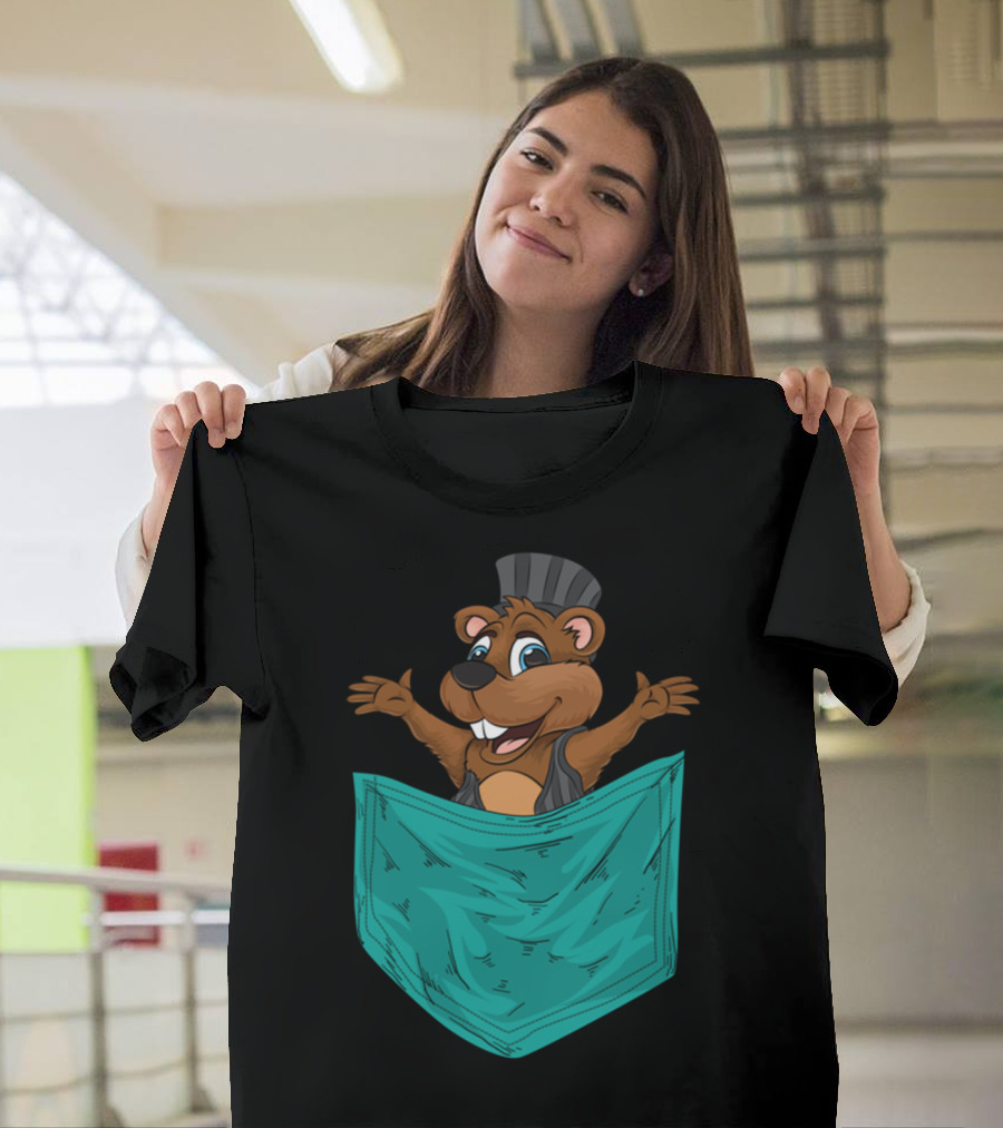 Groundhog Popping Out of Pocket Cartoon for Groundhog Day Marmots T-Shirt