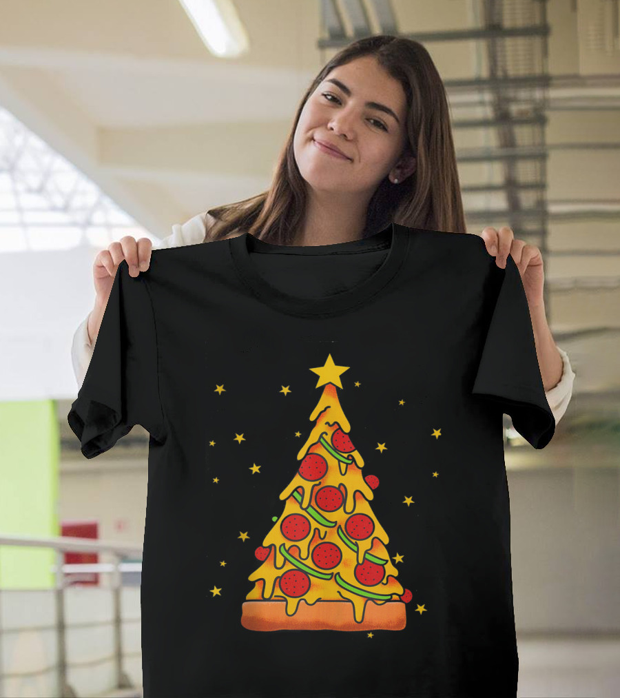 Pizza Christmas Tree Christmas Crustmas Pepperoni Stars T-Shirt