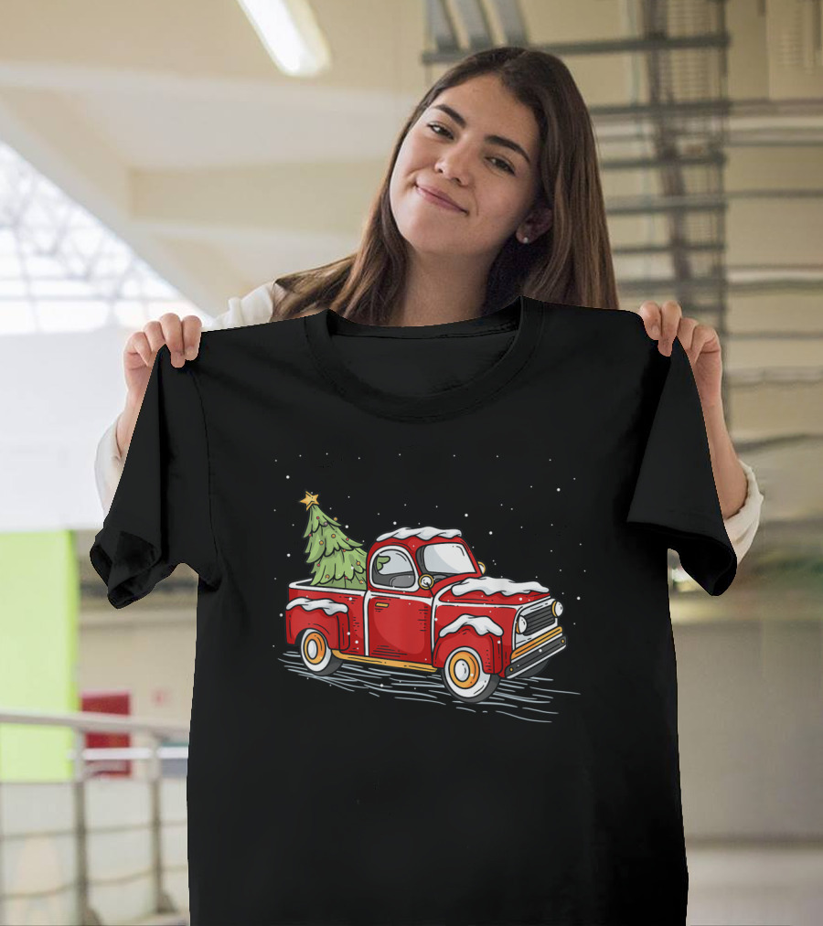 Vintage Red Truck with Christmas Tree and Snowflakes T-Shirt