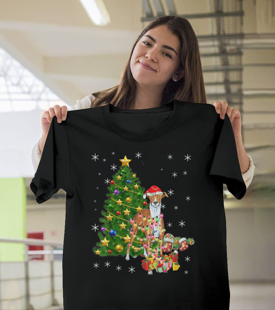 Greyhound with Santa Hat and Christmas Tree Lights Surrounded by Gifts and Snowflakes T-Shirt