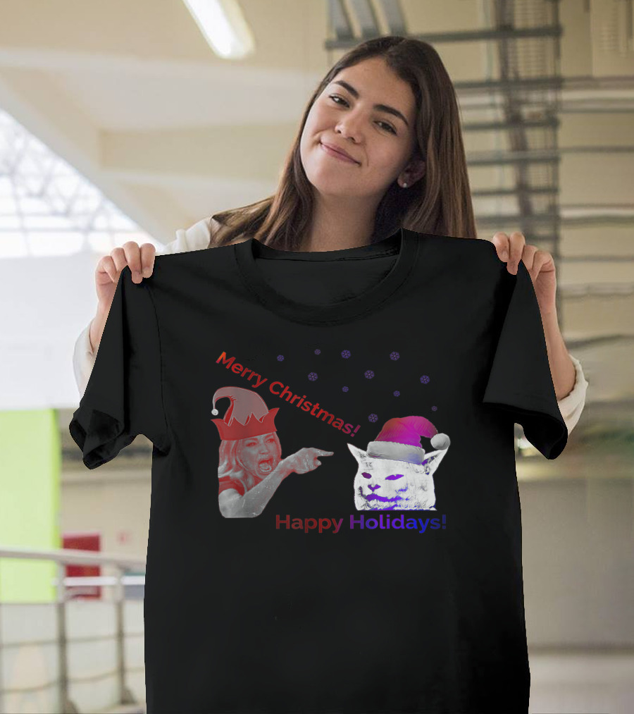 Merry Christmas Happy Holidays Woman Arguing with White Cat T-Shirt
