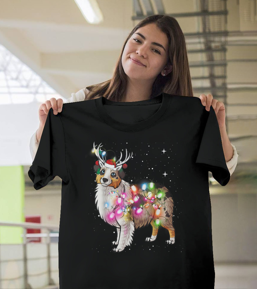 Christmas Lights Festive Australian Shepherd Dog Reindeer Antlers T-Shirt