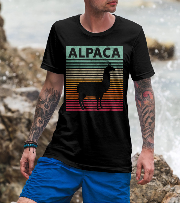 Alpaca Vintage Llama Silhouette Retro Stripes T-Shirt