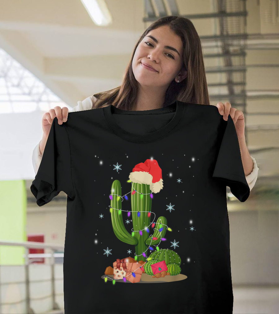 Christmas Lights Cactus Lover Funny Xmas Santa Hat Snowflakes T-Shirt