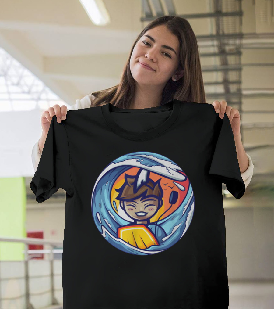 Crainer Surfing Wave Cartoon Character with Headphones and Sunset Background T-Shirt