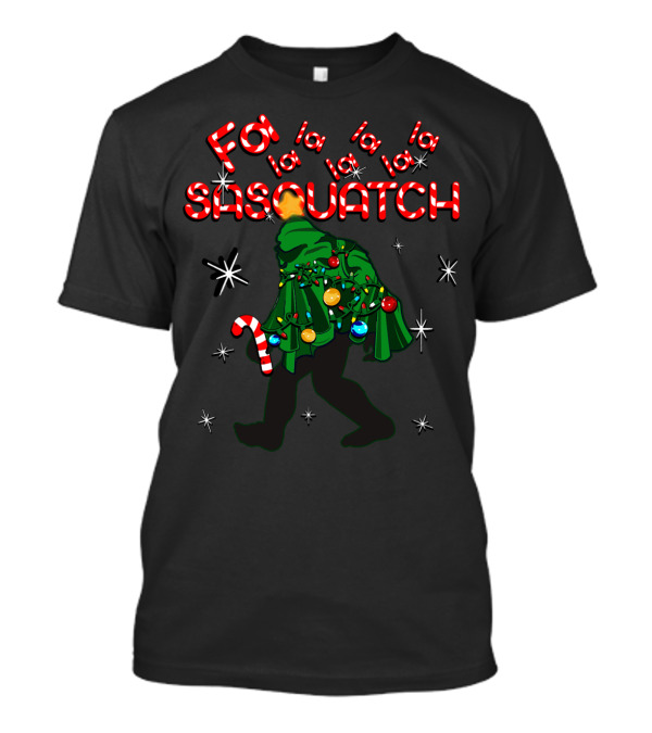 Fa La La La Sasquatch Christmas Tree Lights And Candy Cane T-Shirt