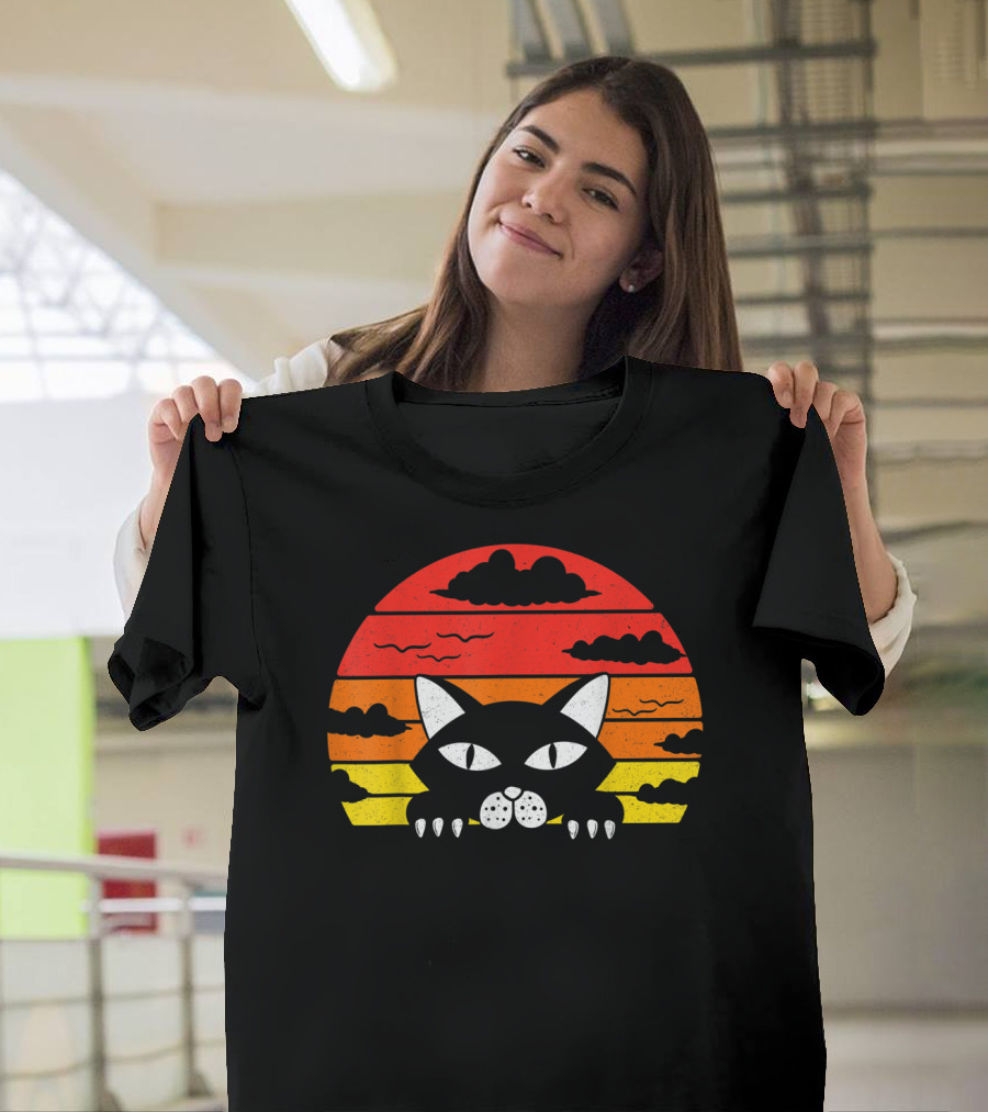 Funny Cat Kitty Cat Lovers Moms Dads Sunset Peeking Cat T-Shirt