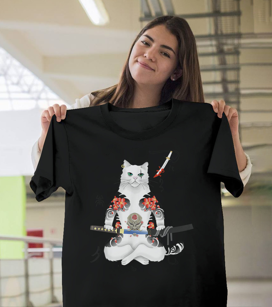 Japanese Samurai Cat Katana Ninja Yakuza Warrior Tattoo Art with Floral Katana and Kanji Symbols T-Shirt