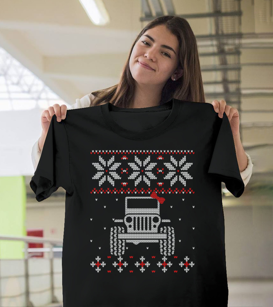 Jeeps Girl Ugly Christmas 4Wd Off Road Knitted Snowflake Design with Red Bow T-Shirt
