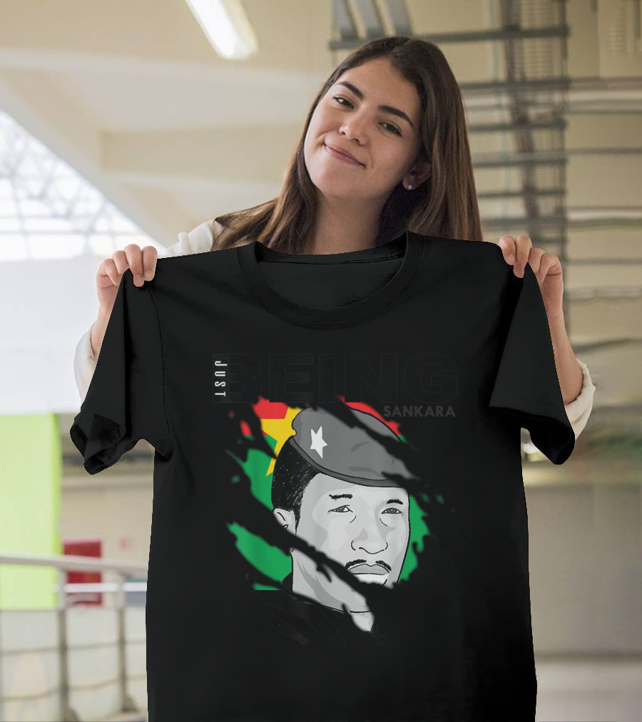 Just Being Thomas Sankara Wearing Star Beret with Burkina Faso Flag in Background T-Shirt