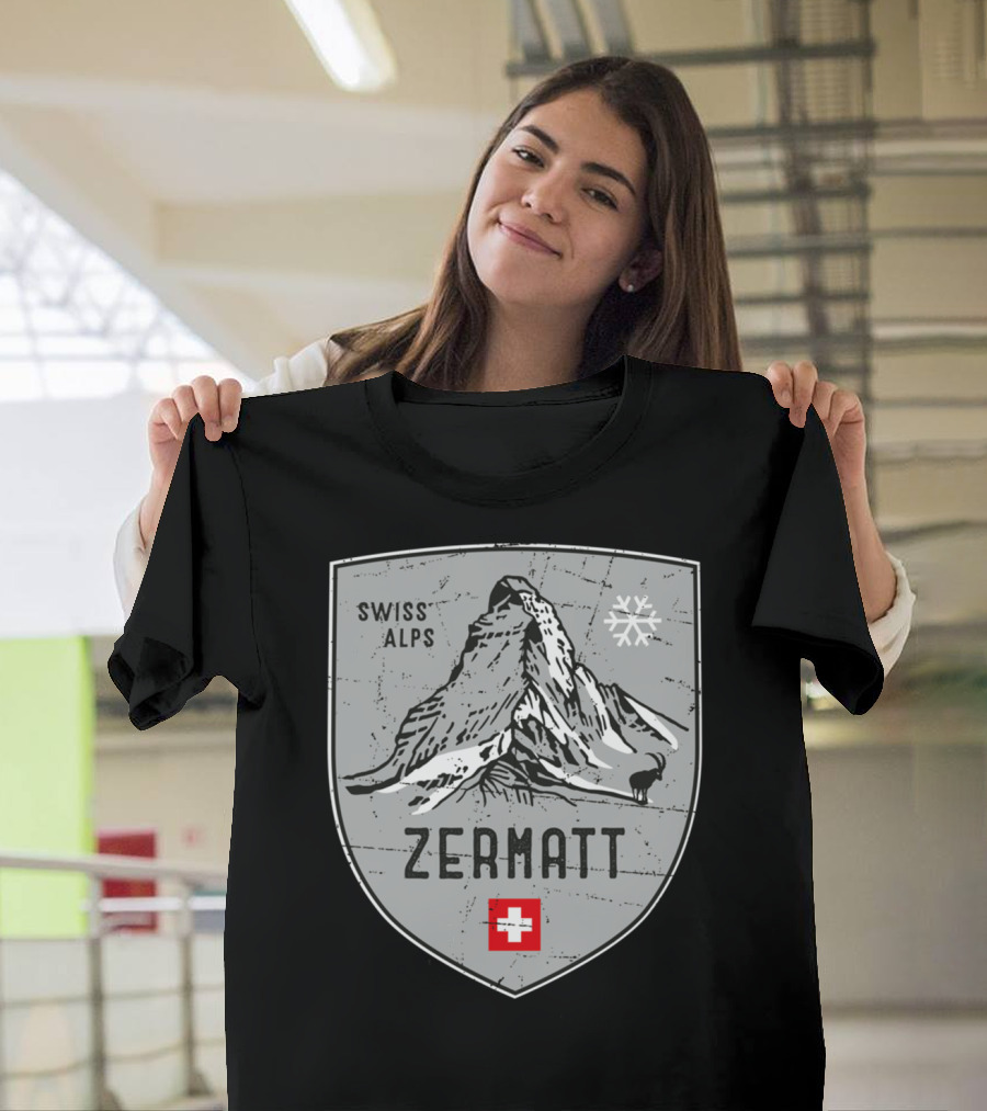 Zermatt Swiss Alps Matterhorn Emblem with Snowflake and Red Cross Badge T-Shirt