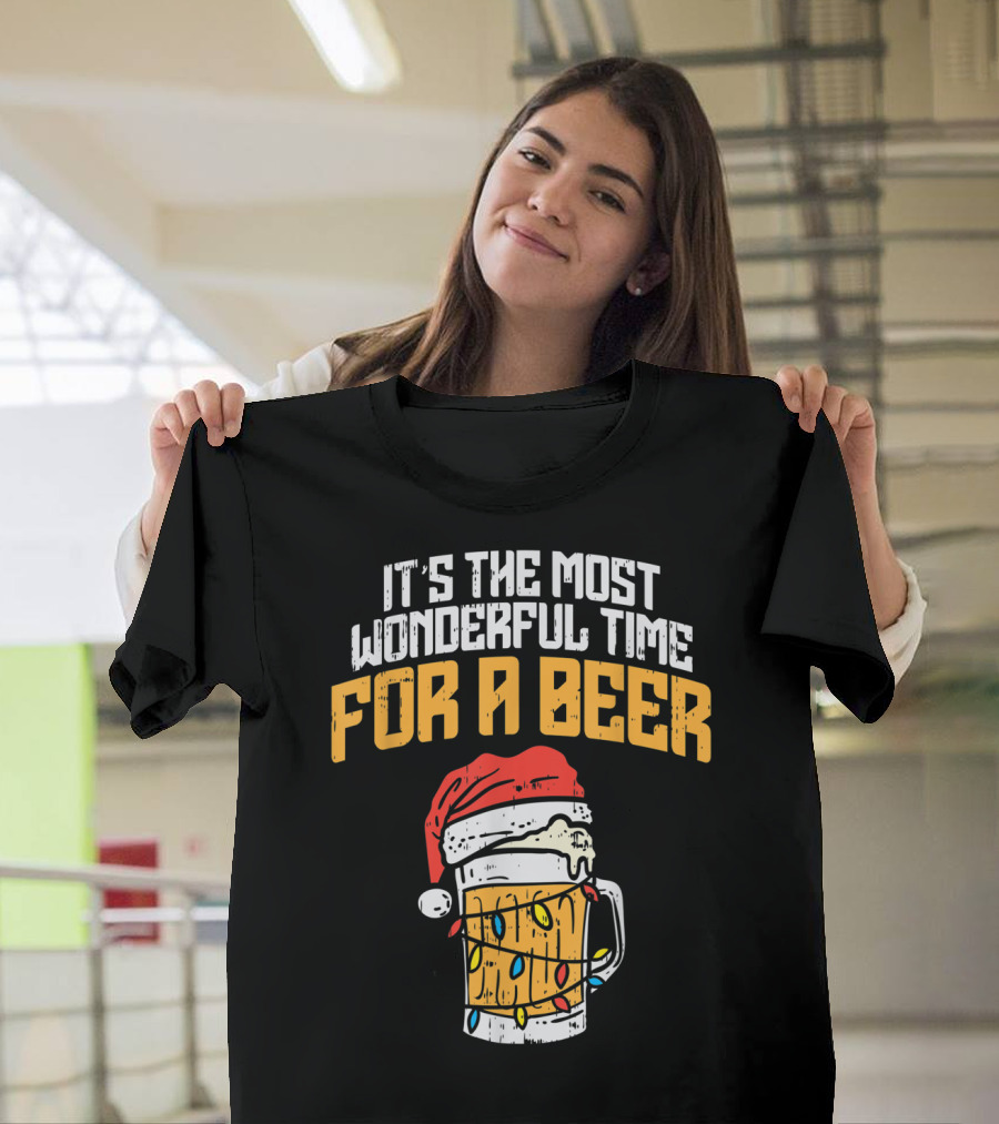 It's The Most Wonderful Time For A Beer Santa Hat Christmas Lights T-Shirt