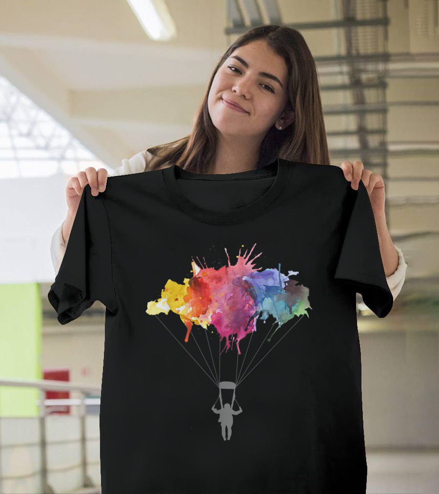 Skydiving Parachuting Skydive Colorful Watercolor Splash Skyscape T-Shirt