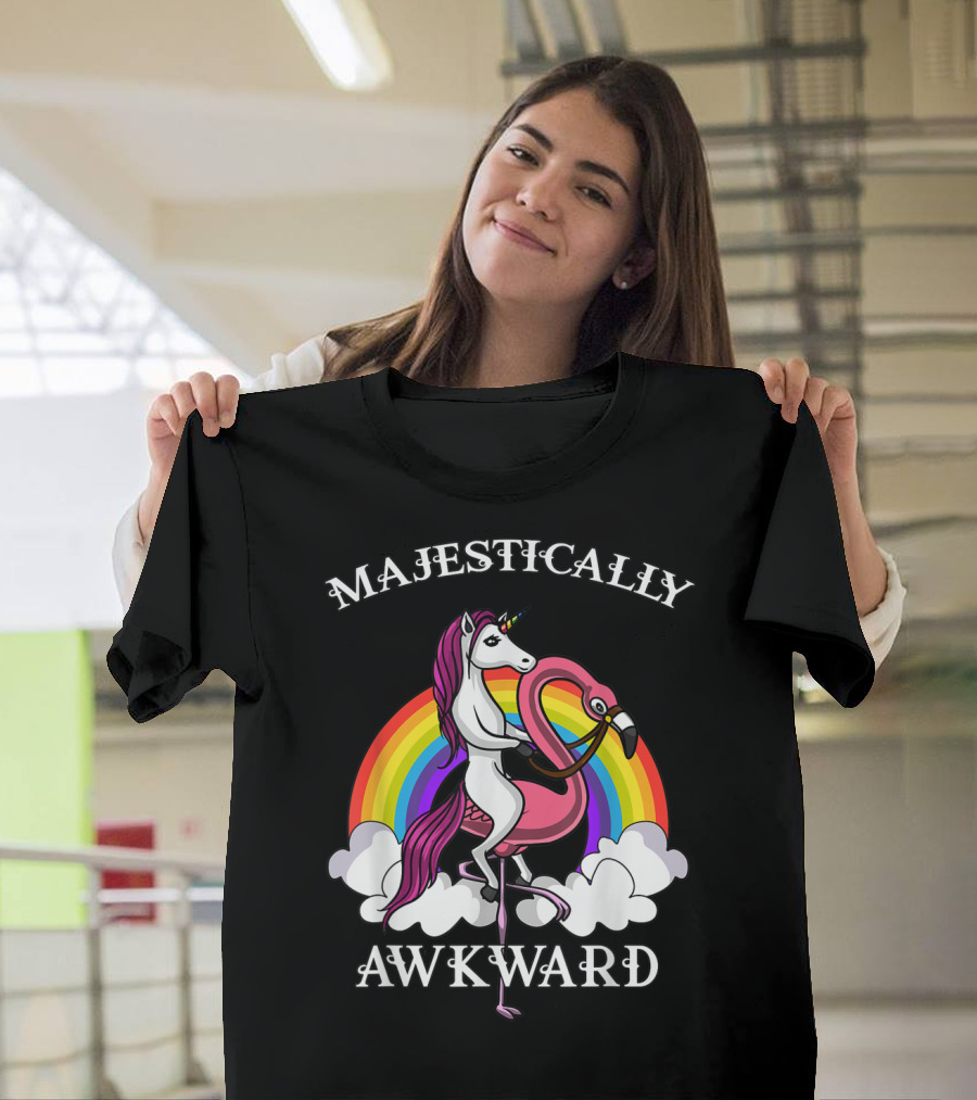 Majestically Awkward Unicorn Riding Flamingo Rainbow Clouds T-Shirt