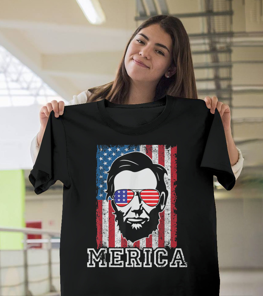 4Th Of July Merica Abraham Lincoln USA American Flag Sunglasses T-Shirt
