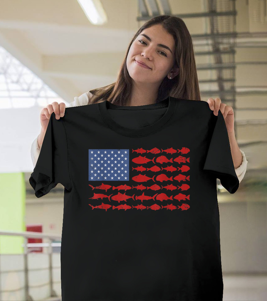 American Flag Fisherman Patriotic Fishing Fish Stars Stripes T-Shirt
