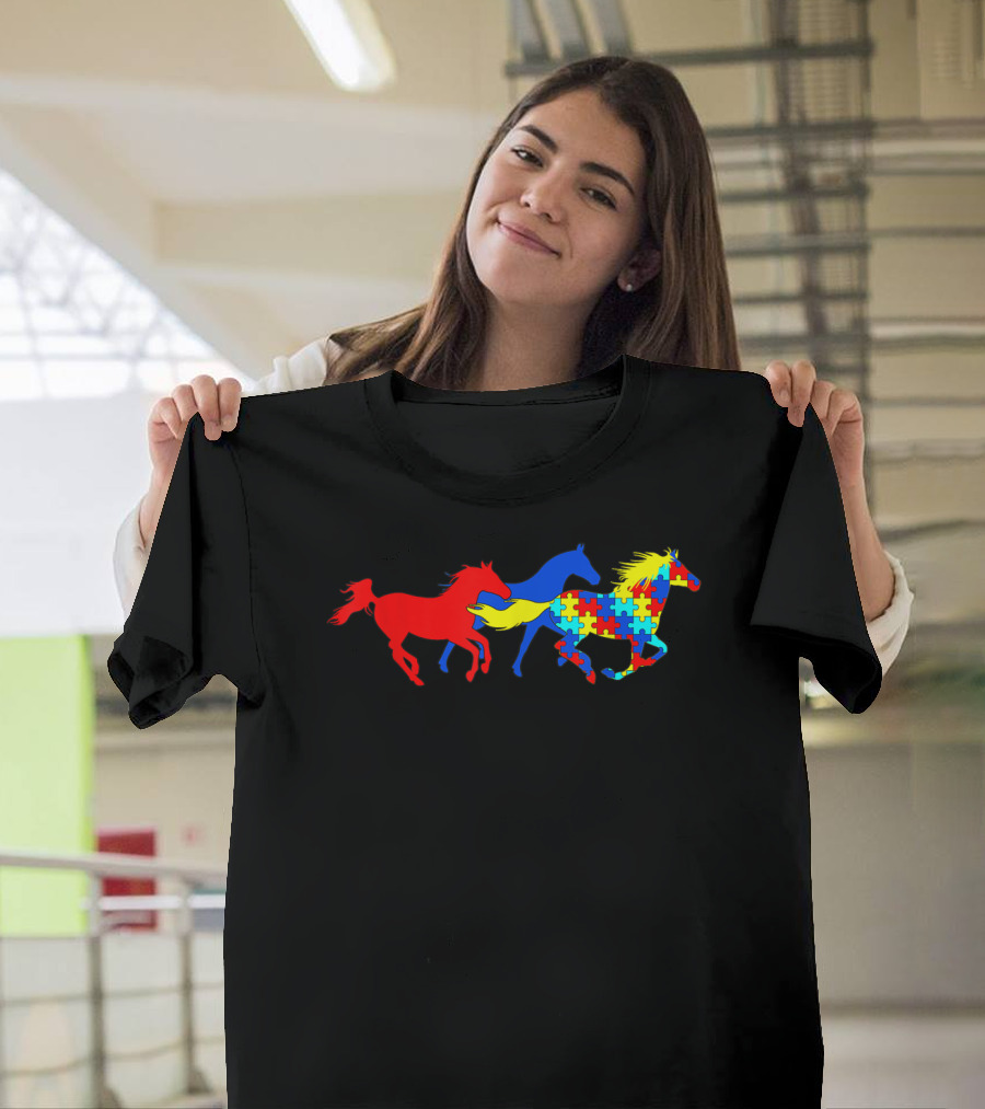 Autism Awareness Puzzle Pattern Horses Running T-Shirt