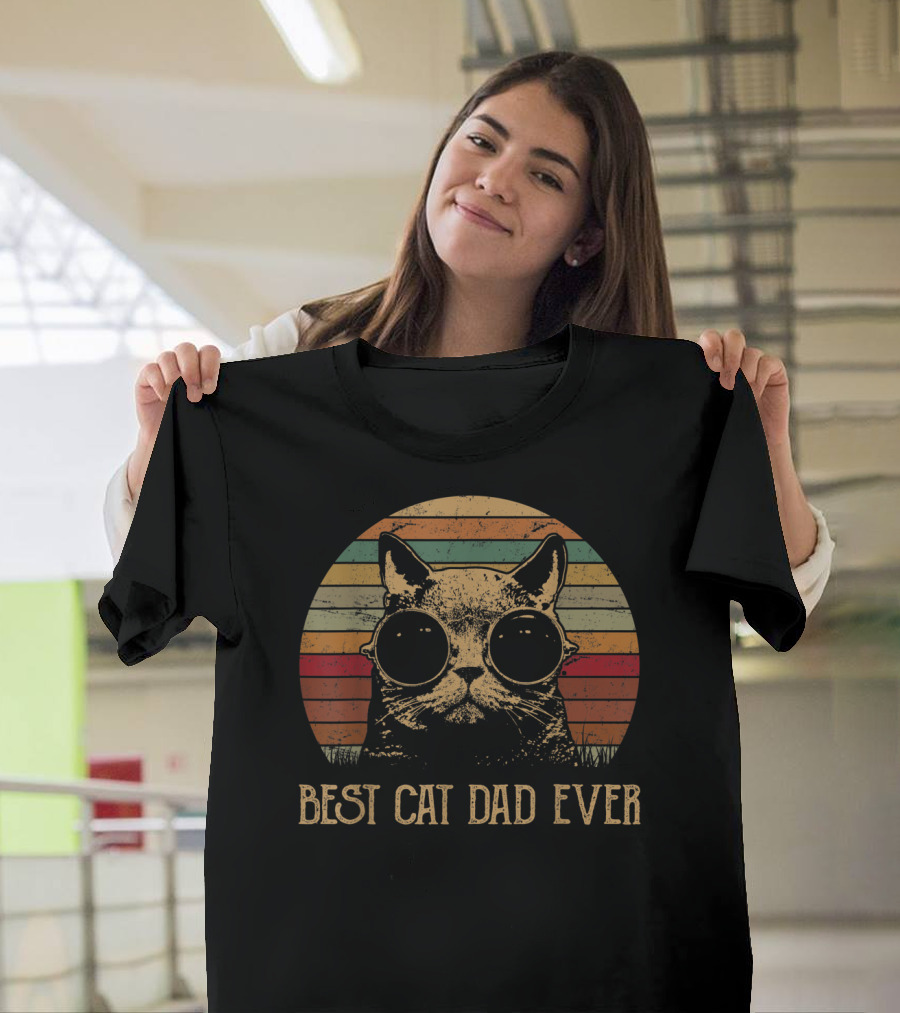 Retro Best Cat Dad Ever Funny Cat Lover with Cool Cat Wearing Sunglasses T-Shirt