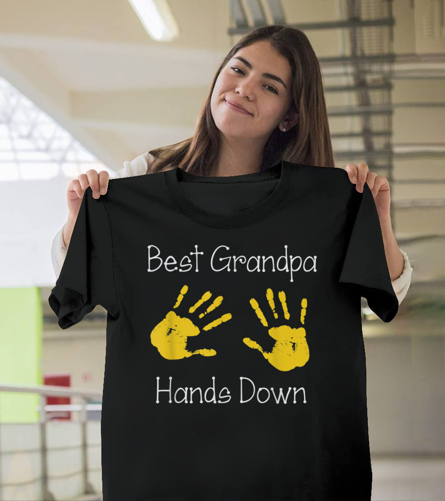 Best Grandpa Hands Down Yellow Handprints T-Shirt
