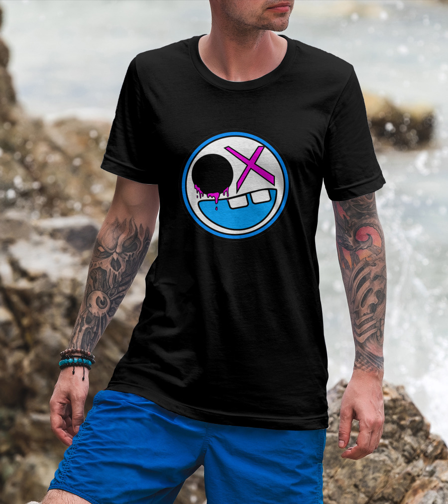 8Sided Smile Emoticon With Dripping Black Circle And Pink X Eyes T-Shirt