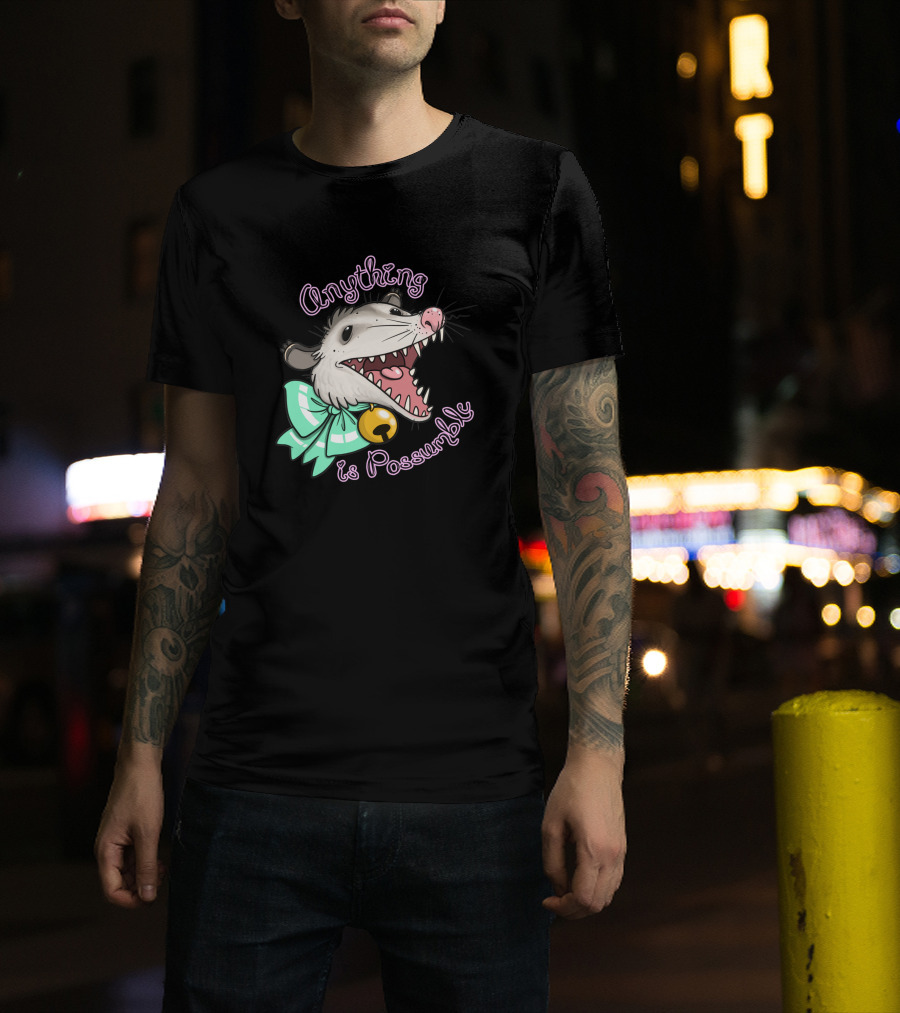 Anything Is Possumble Cute Cartoon Opossum With Bow And Bell T-Shirt