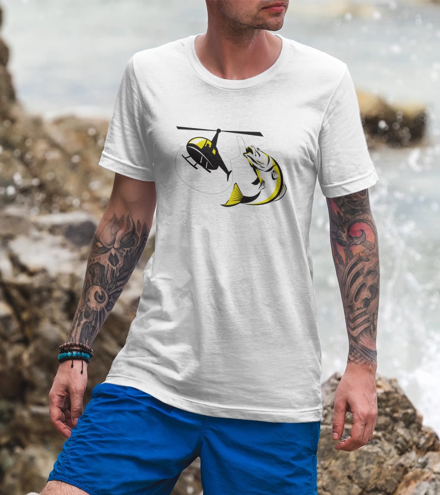 Barramundi Heli Fishing Yellow Helicopter Retro Black 147190 T-Shirt