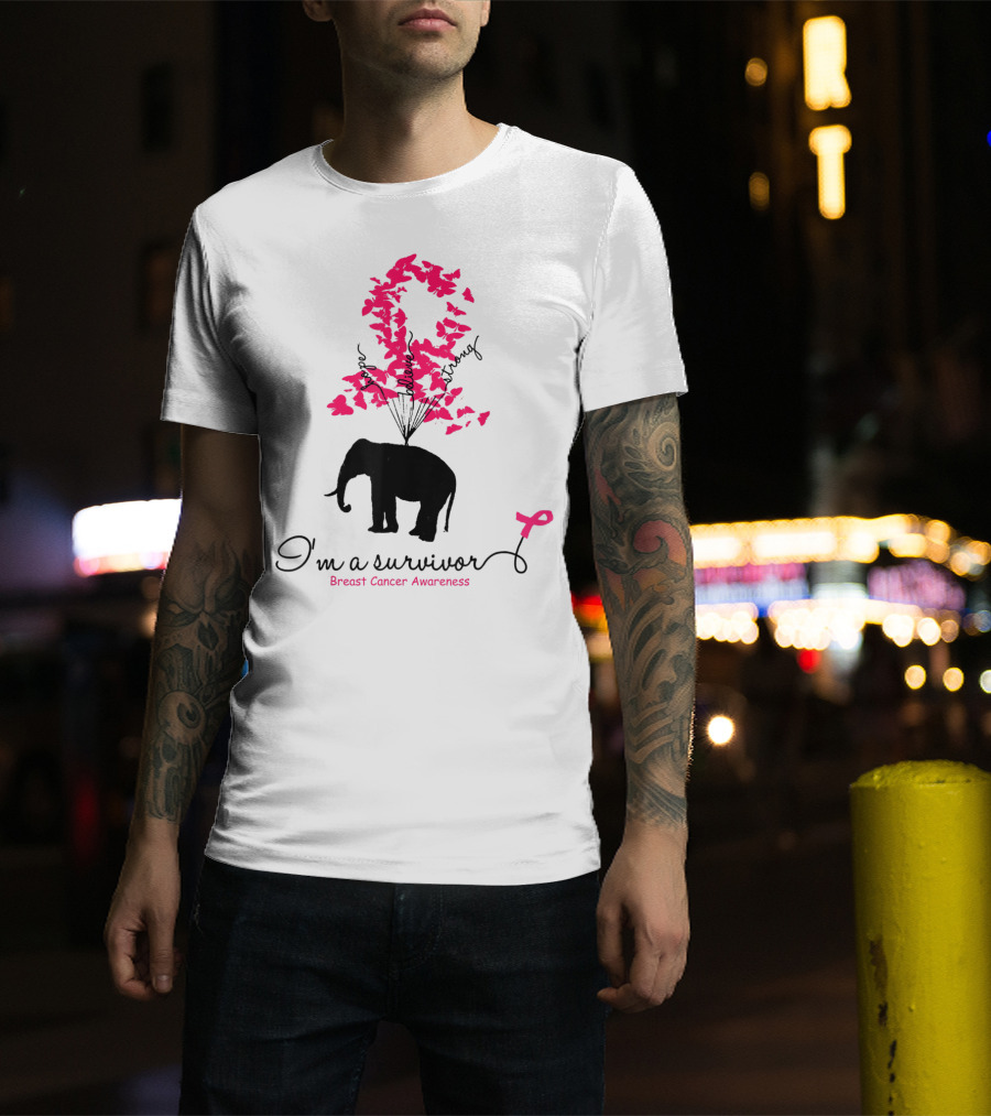 I'm A Survivor Pink Butterfly Elephant Breast Cancer Awareness T-Shirt