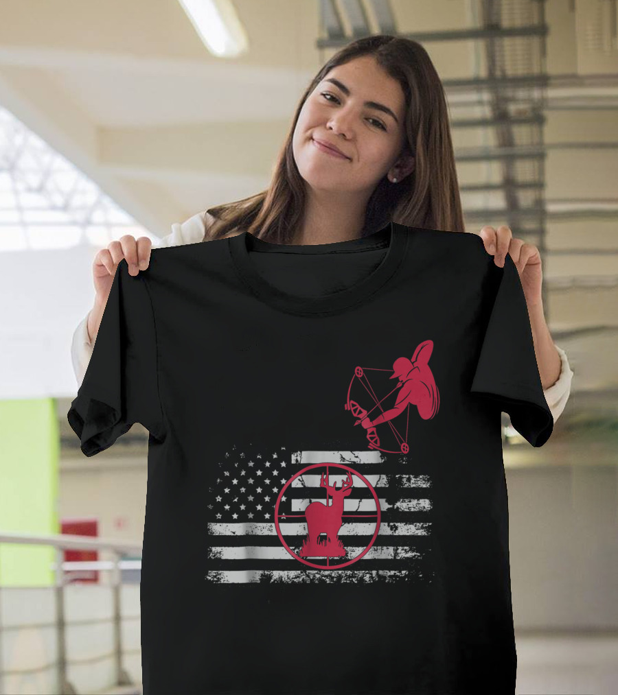 Bow Hunting American Flag Women Hunters Deer Archery T-Shirt