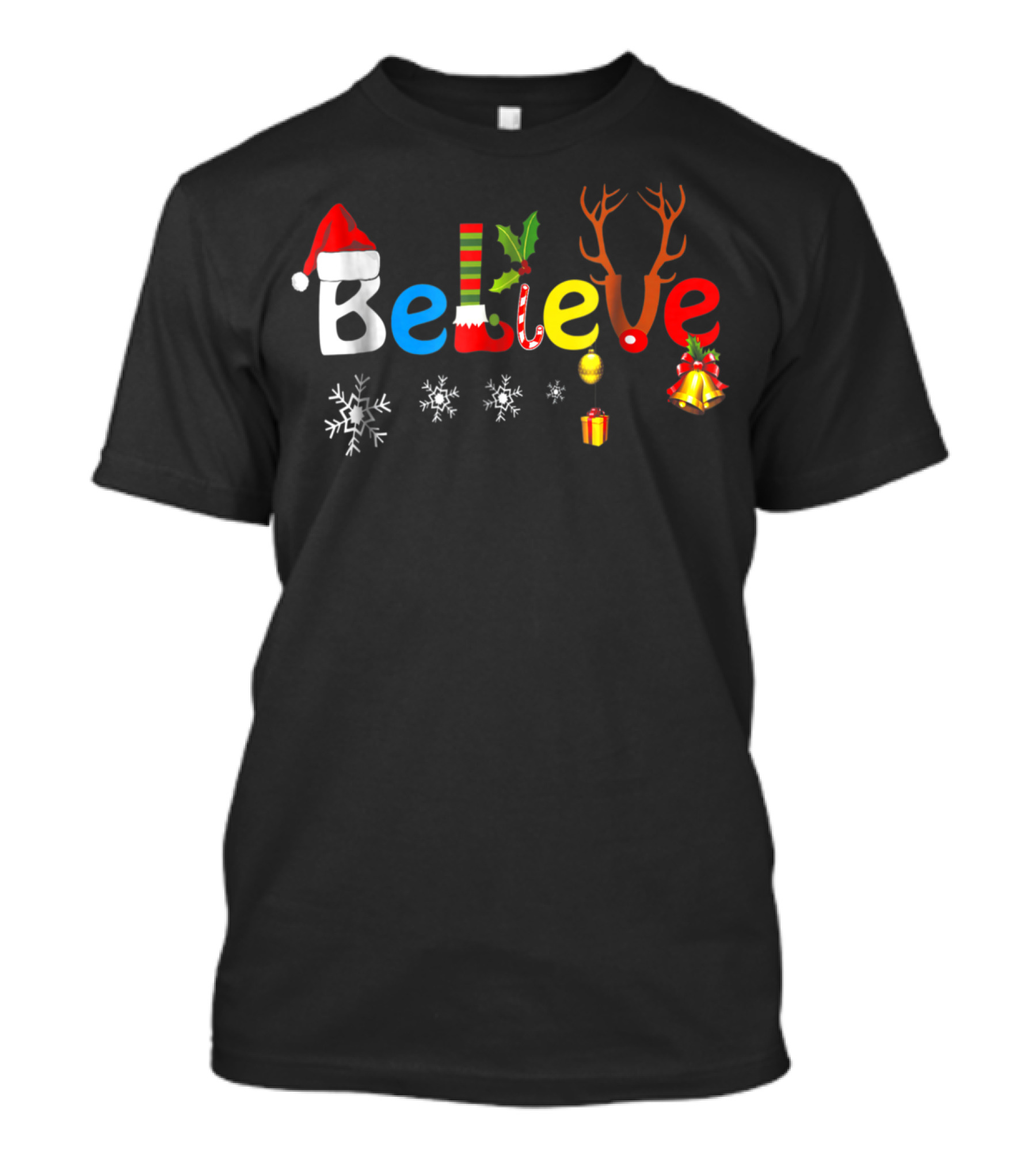 Believe Funny Christmas Santa Elf Reindeer Holiday Icons T-Shirt