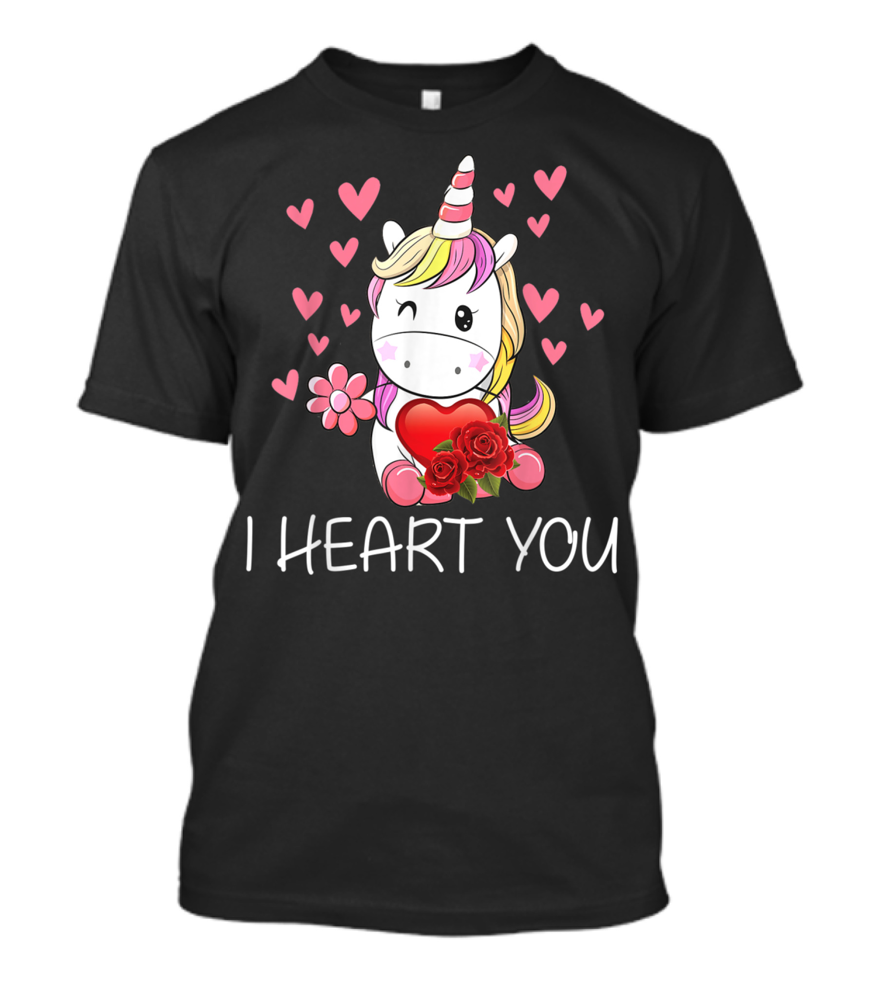 Girls Cute Unicorn I Heart You Valentines Day Hearts Roses T-Shirt