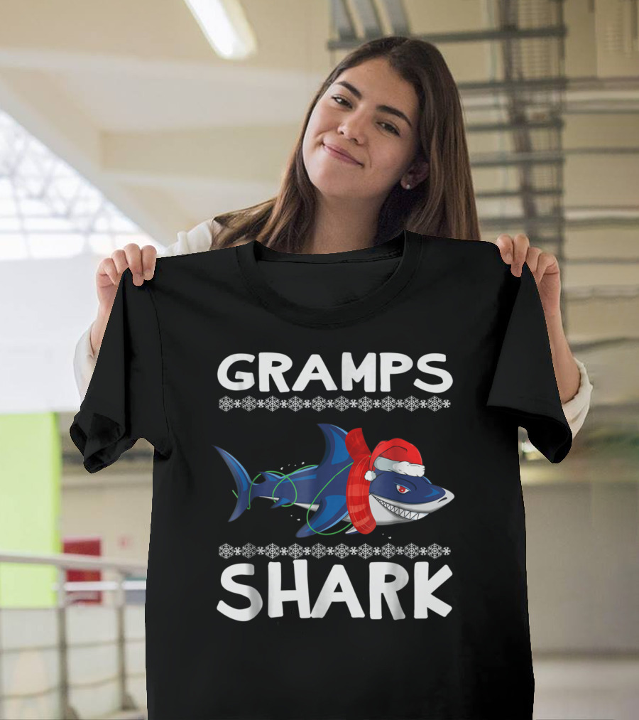 Gramps Shark Ugly Christmas Family Santa Hat And Scarf Snowflakes T-Shirt
