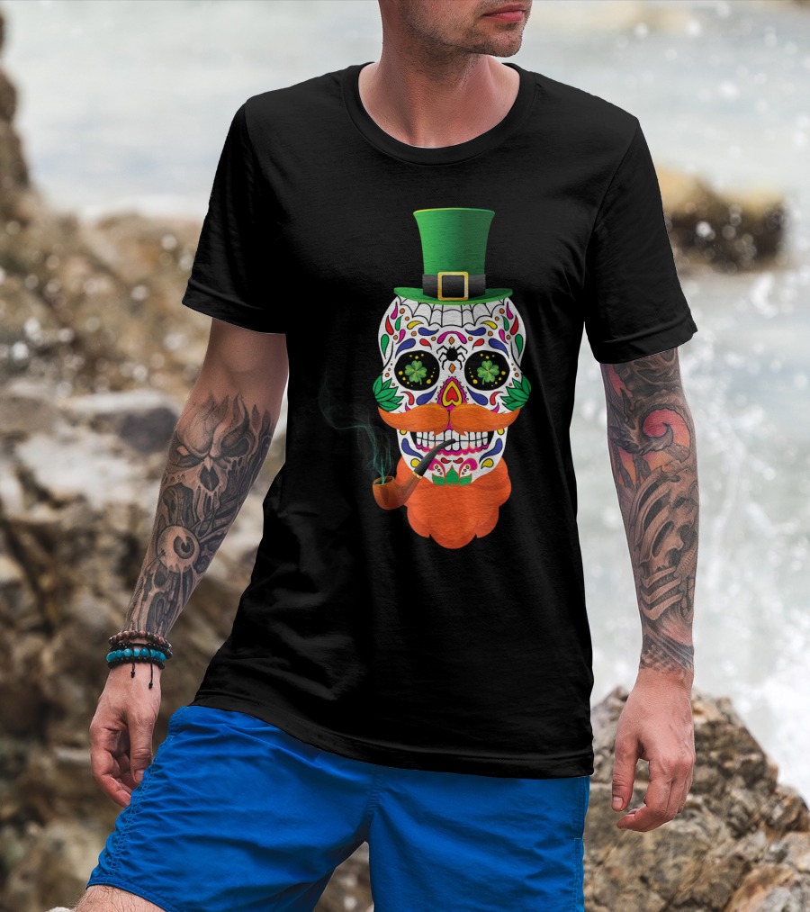 Irish Sugar Skull Leprechaun St Patricks Day Clover Pipe Hat Colorful T-Shirt
