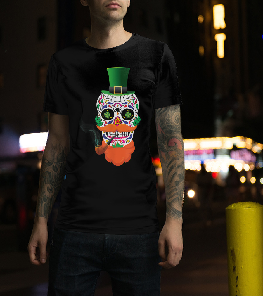 Irish Sugar Skull Leprechaun St Patricks Day Clover Pipe Hat Colorful T-Shirt