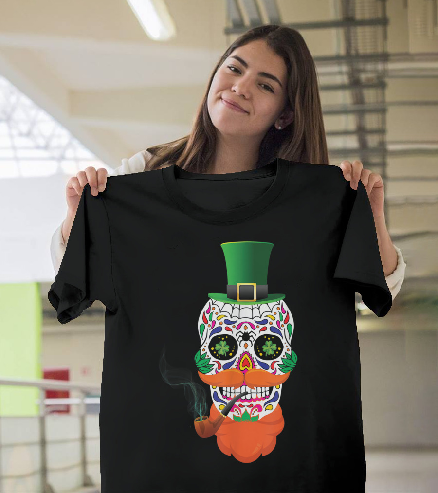 Irish Sugar Skull Leprechaun St Patricks Day Clover Pipe Hat Colorful T-Shirt