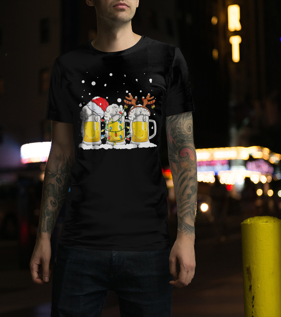 Beer Christmas Santa Hat Reindeer Antlers Xmas Lights T-Shirt