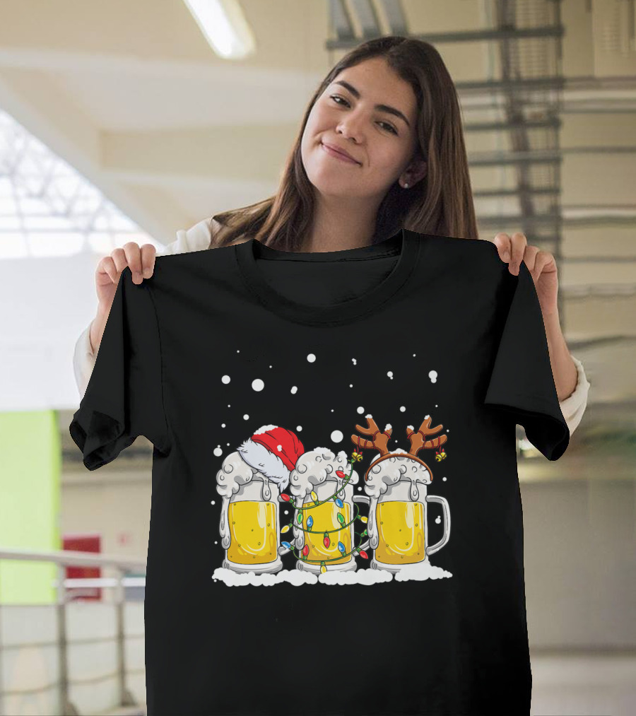 Beer Santa Christmas Lights Reinbeer Holiday Cheers T-Shirt