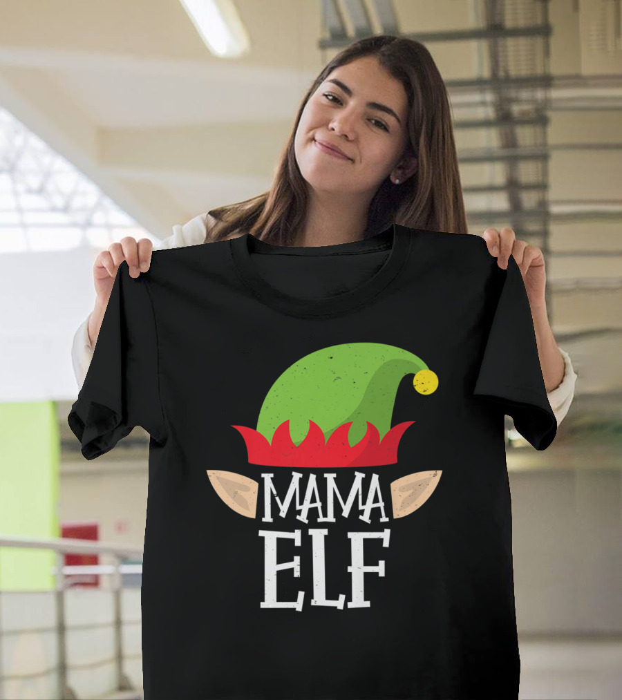 Mama Elf Christmas Matching Family Elves Hat And Ears T-Shirt
